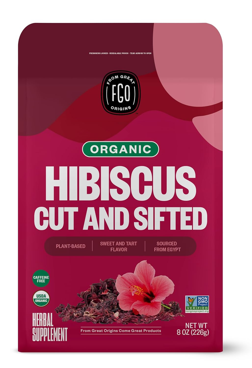 Organic Hibiscus Flowers, Cut and Sifted, Loose Tea, 8Oz Resealable Bag, Packagi