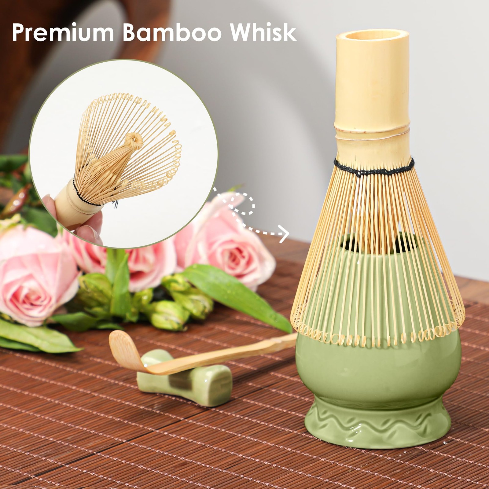 Matcha Whisk Set 7 Pc Bowl w Spout Bamboo Whisk Holder Scoop Sifter Green