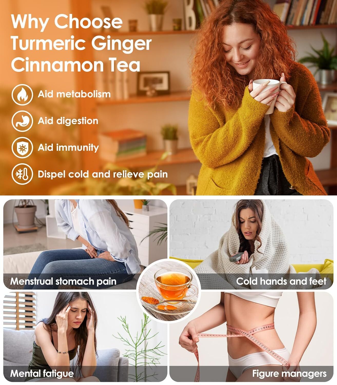 60Bags Turmeric Ginger Cinnamon Tea No Additive Support Brain Weight Sleep-Skin