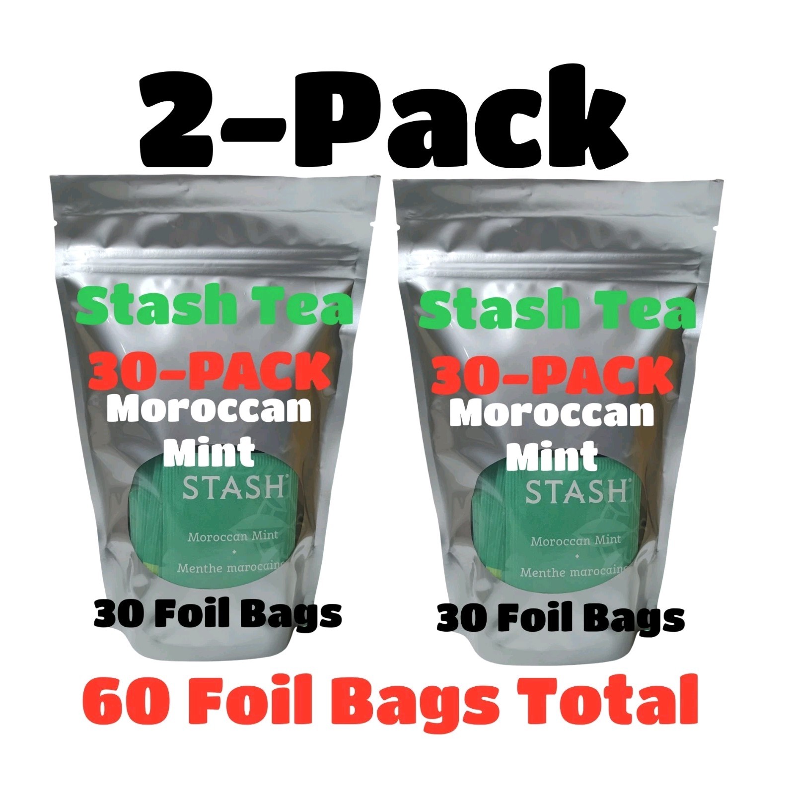 2 PACK MOROCCAN MINT TEA 30 Bags Non-GMO Kosher CAFFEINE FREE STASH
