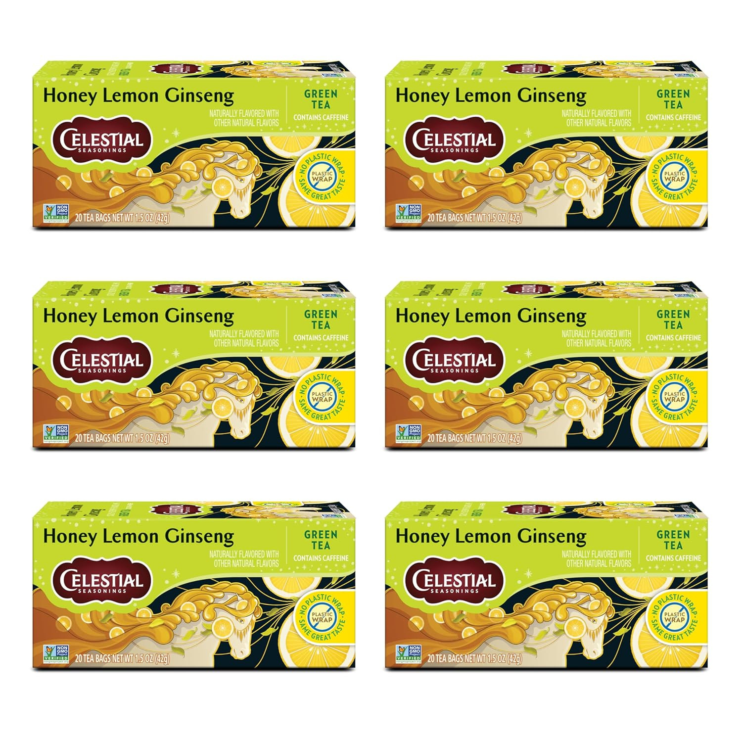 Seasonings Honey Lemon Ginseng Green Tea, Caffeinated, 20 Tea Bags Box (Pack of