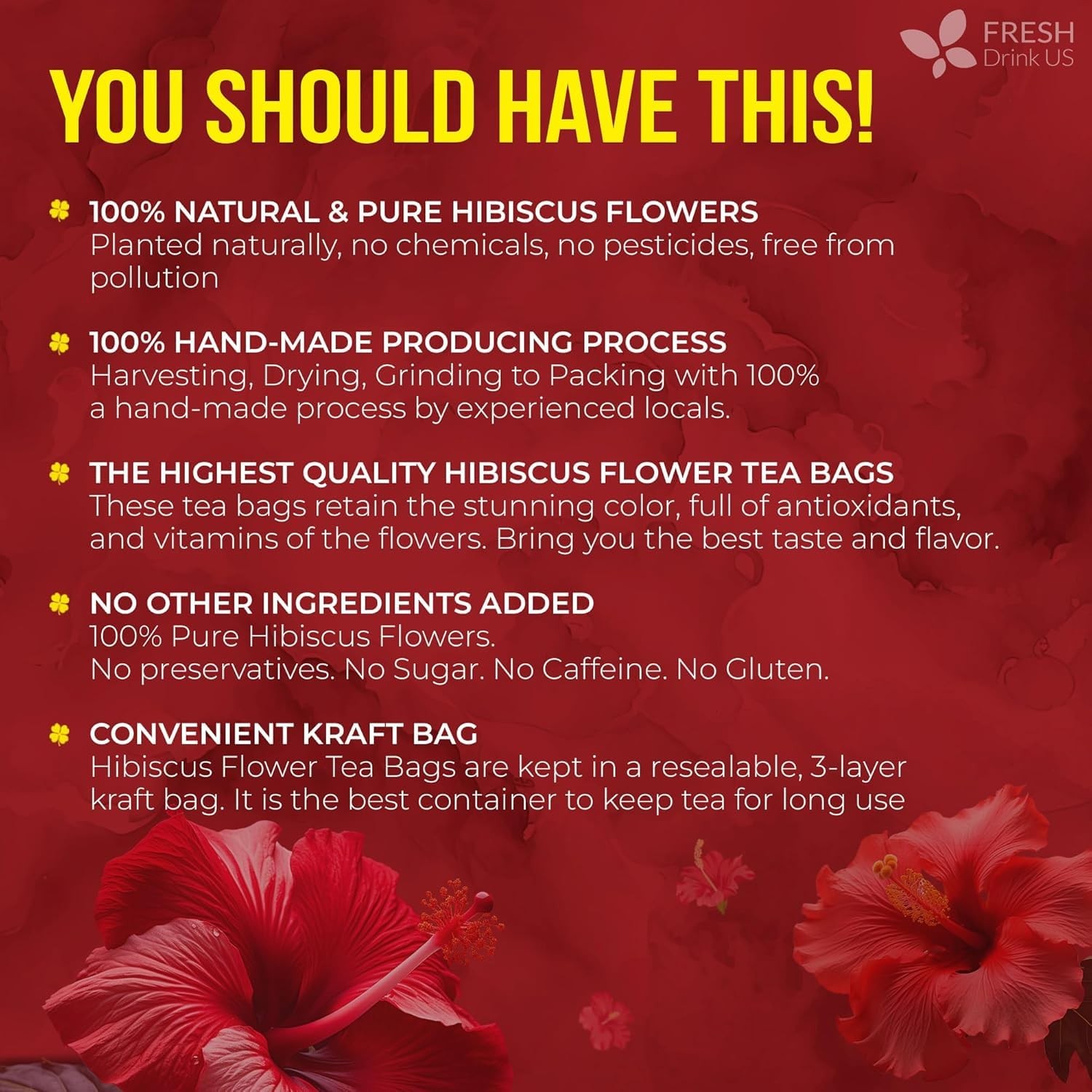 140 Hibiscus Flowers Tea Bags, 100% Natural, Pure from Hibiscus Flowers. Loos…