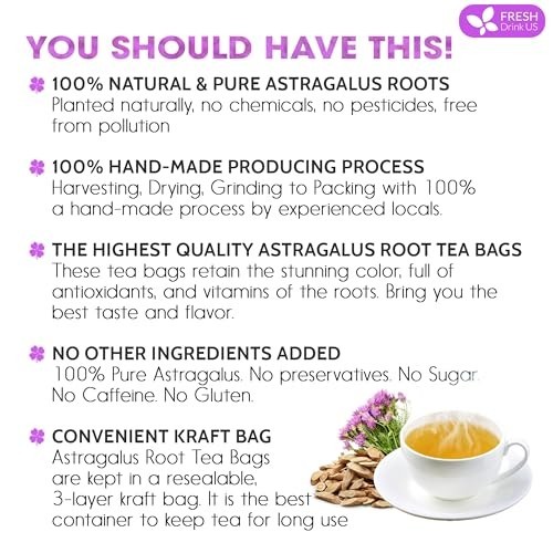 75 Astragalus Root Tea Bags Natural Herbal Caffeine-Free Vegan Gluten-Free