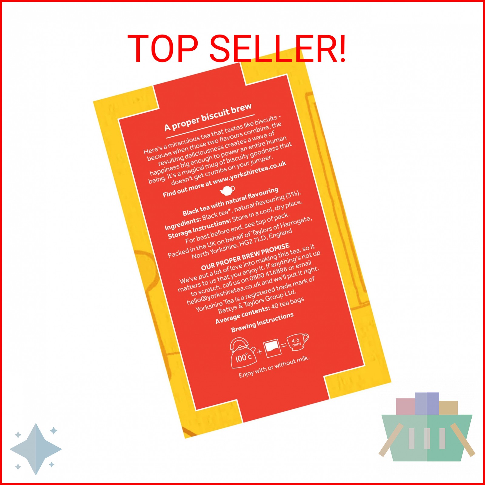 Yorkshire Tea Malty Biscuit Brew, Black Tea, Pillow Tea Bags, 40 Count (Pack of