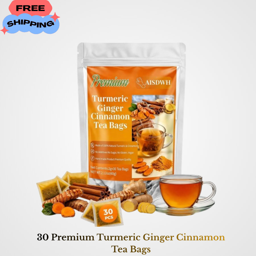 30 Premium Turmeric Ginger Cinnamon Tea Bags, 100% Natural Ingredients Herbal Te