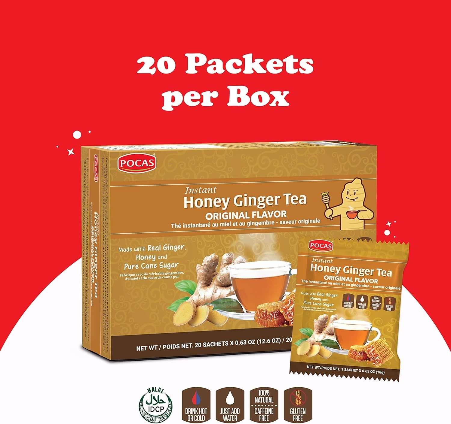 Pocas Honey Ginger Tea – Instant Tea Powder Packets with Ginger Honey – 20 Ct