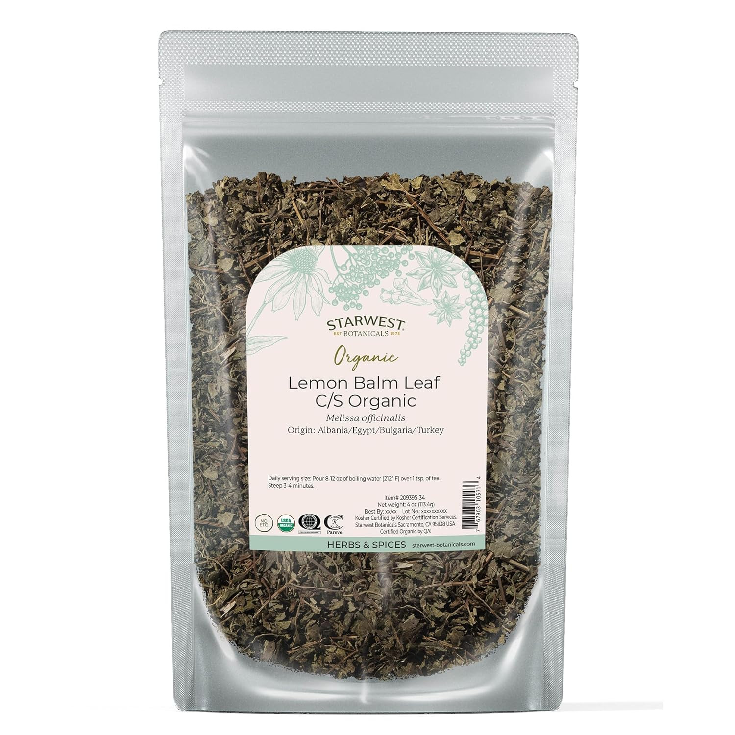 Starwest Botanicals Organic Lemon Balm Leaves – Dried Herb for Tea, Loose Leaf N