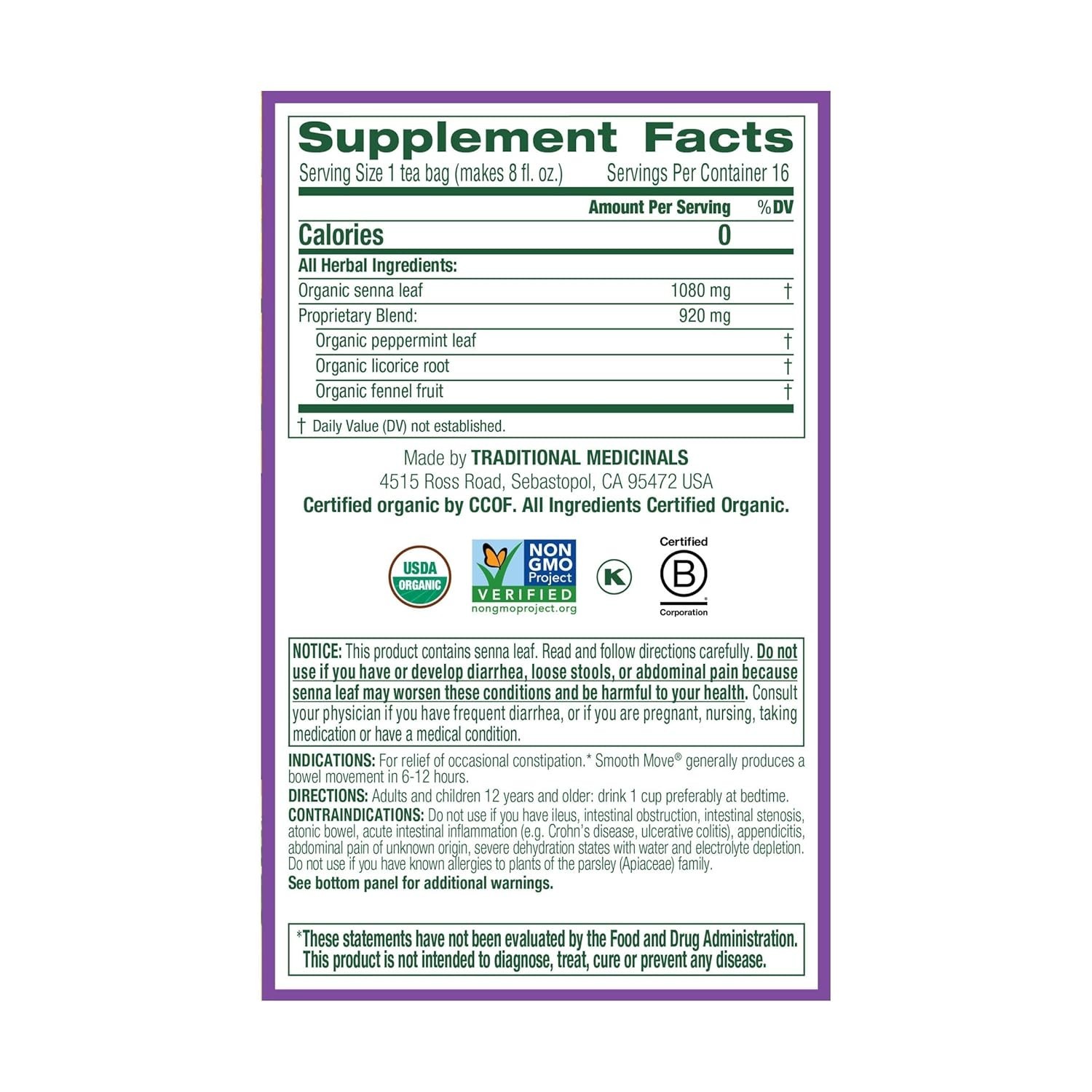 USDA Organic Smooth Move Tea – Caffeine-Free Peppermint & Senna Herbal Blend