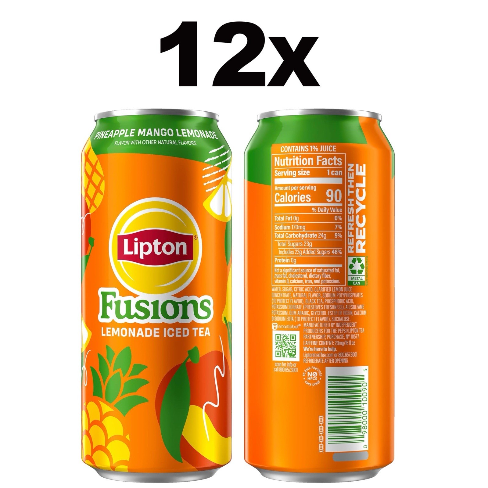 Lipton Fusions🍍Pineapple Mango 🥭 Lemonade Iced Tea, 16 Fl Oz (Pack of 12)