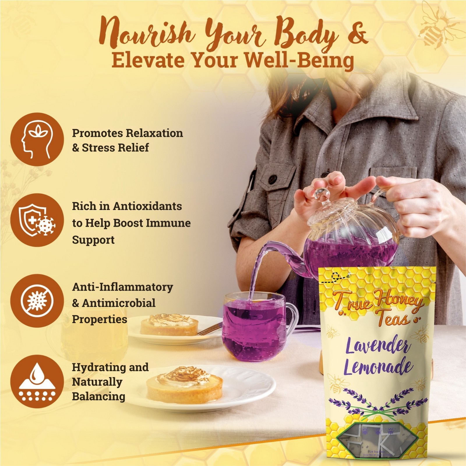 True Honey Teas Lavender Lemonade Herbal Tea Bags Organic Caffeine Free 24 Pack