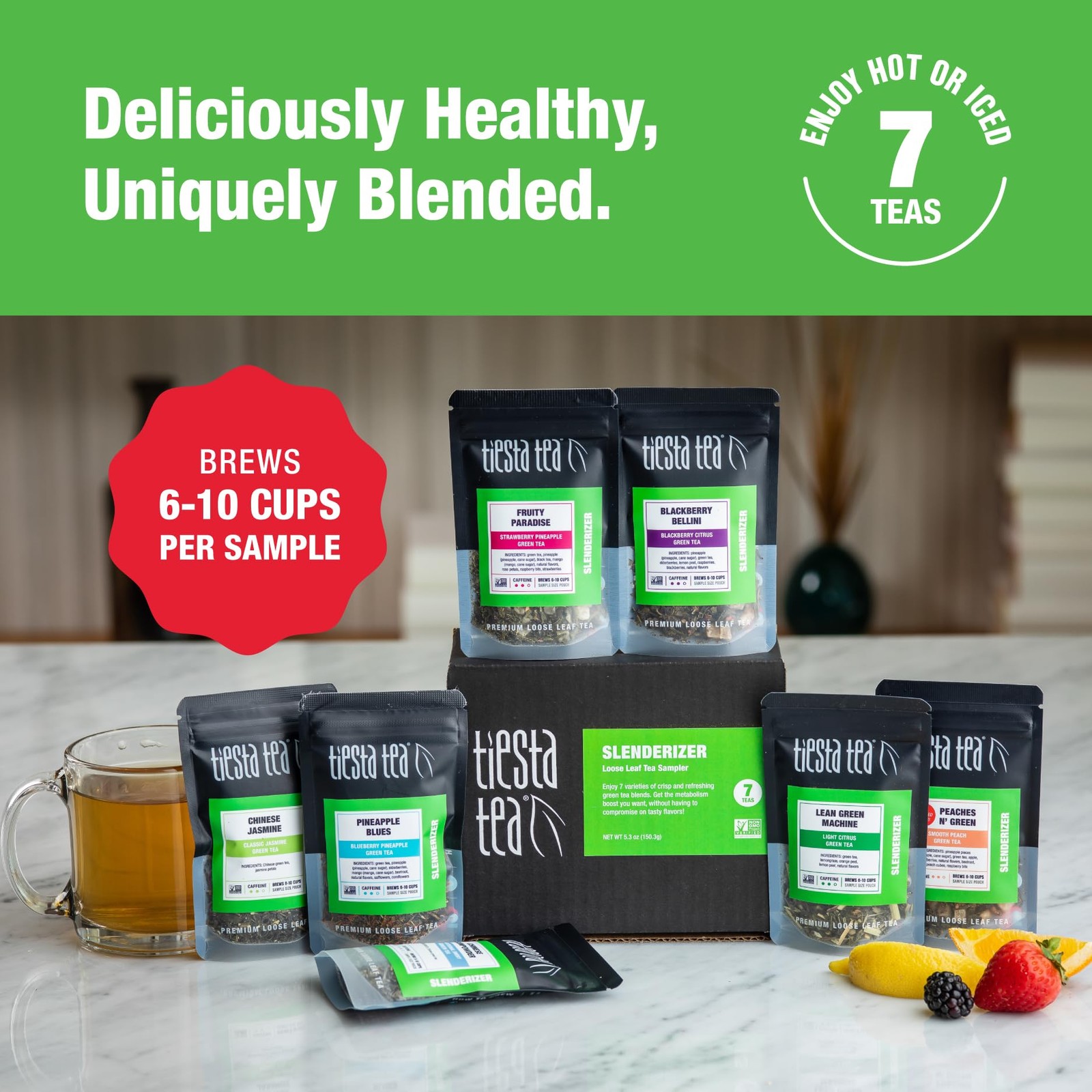 Green Tea Sampler 7 Pack Loose Leaf Gift Set 10 Cups Fruity Variety Flavors