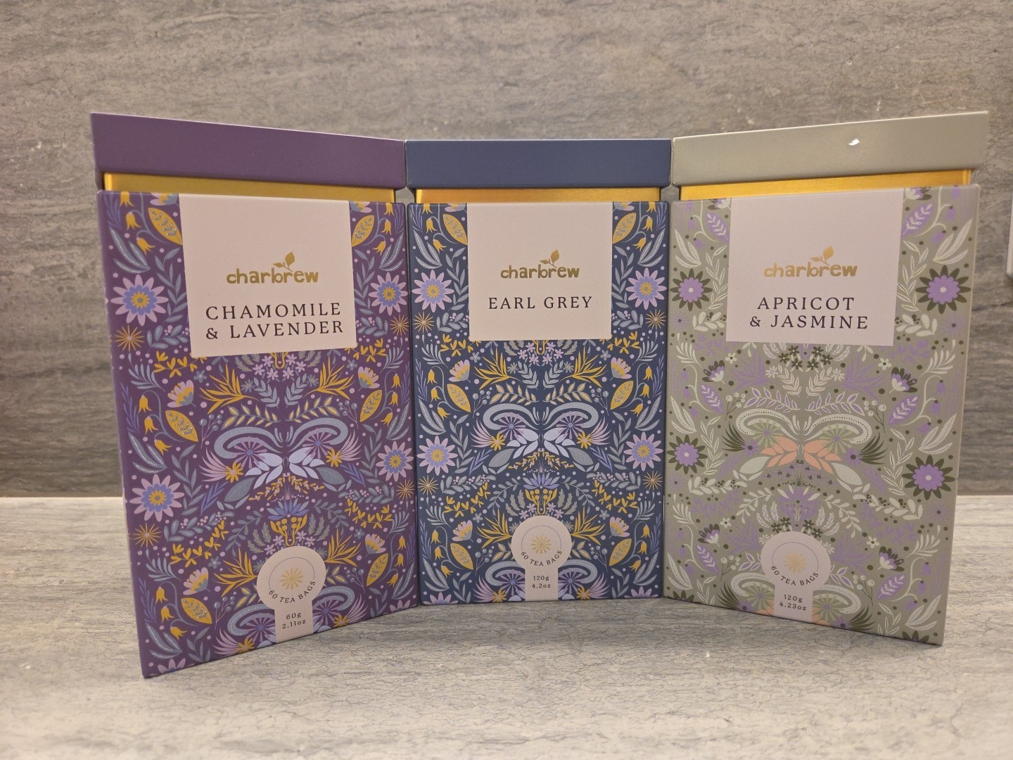 Charbrew Tea- 3 Beautiful Storage Tins & Flavors – Earl Grey, Jasmine, Lavender