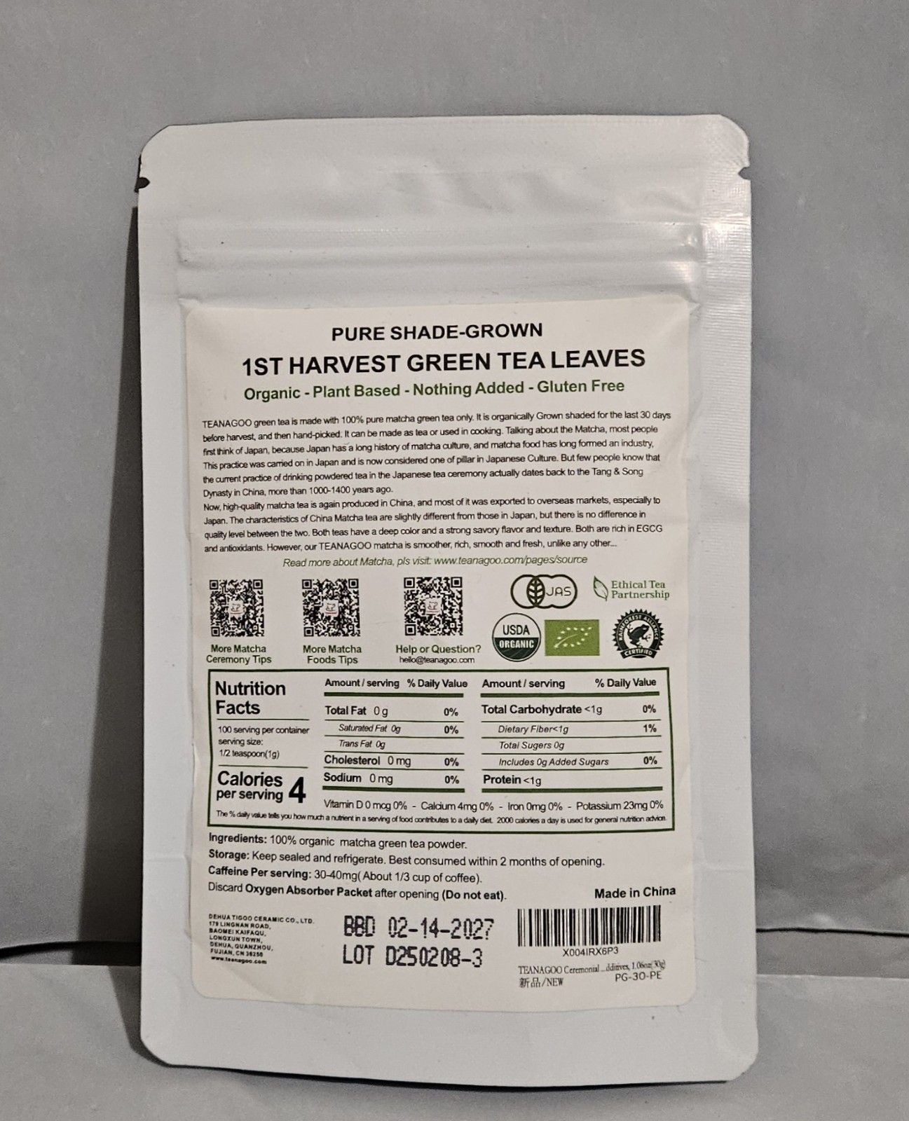 Teenagoo Pure Organic Matcha Premium Grade 1.06 oz