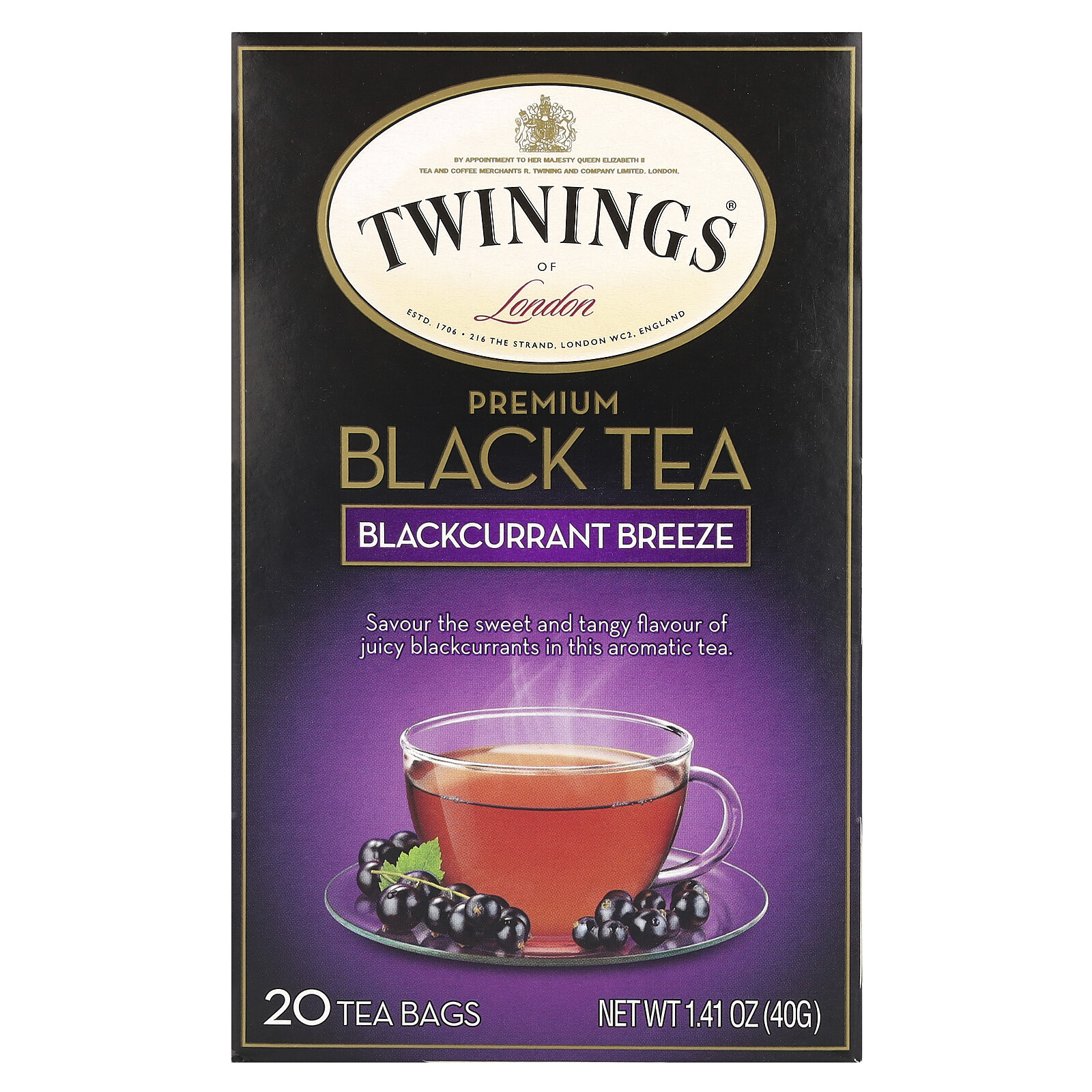 Premium Black Tea, Blackcurrant Breeze, 20 Tea Bags, 1.41 oz (40 g)