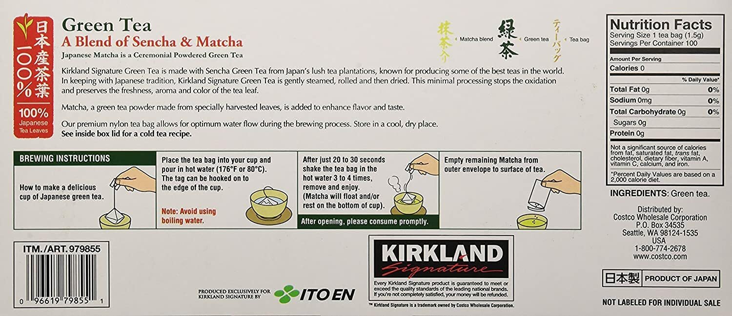 Kirkland Sign ITO EN Matcha Sencha Blend 100% Japanese Green Tea Leaves 100 Bags