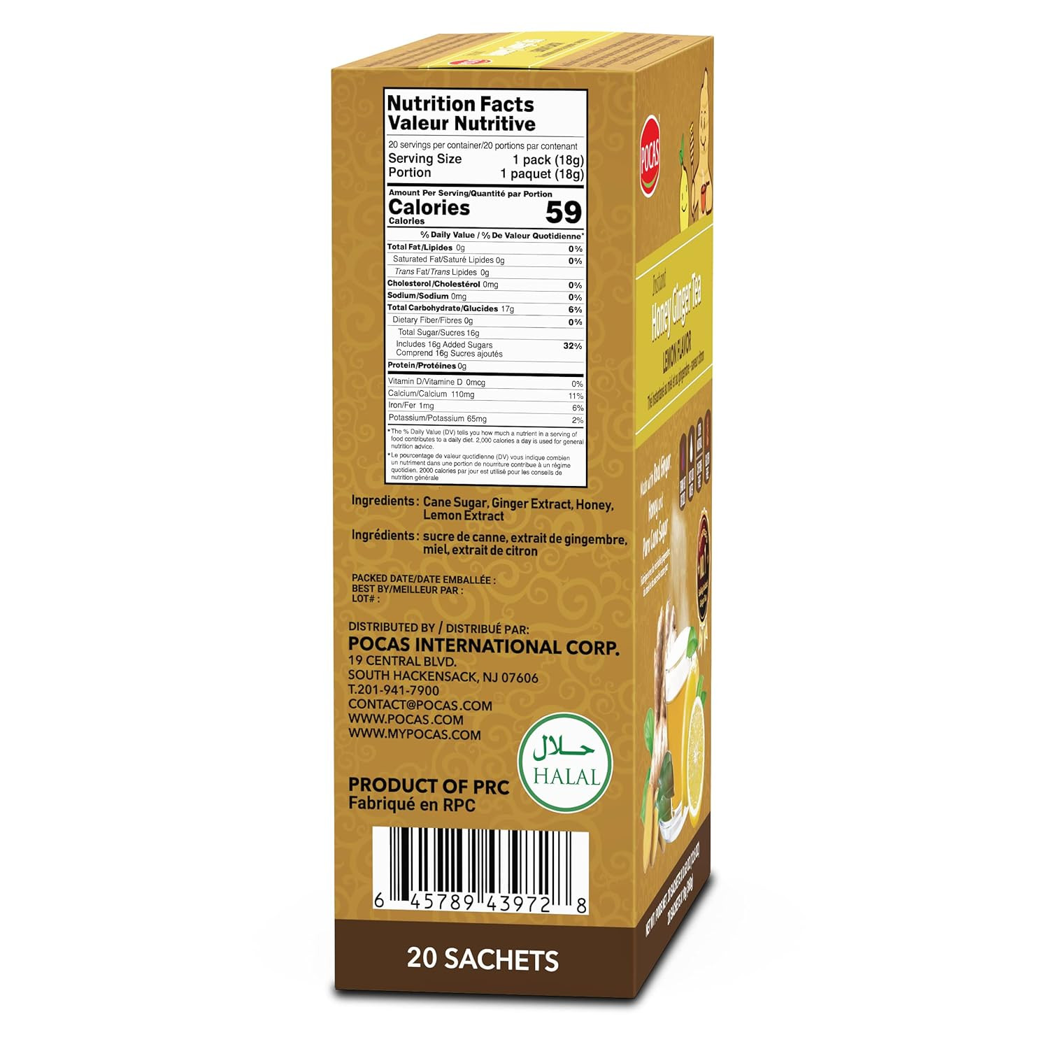 Pocas Honey Ginger Instant Tea Powder, Lemon Flavor 2-Pack, Ginger Extract & Rea