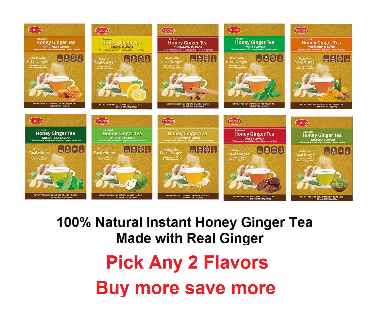 Pocas Natural Caffeine Free Instant Honey Ginger Tea 2 boxes 40 Bags- 10 Flavors