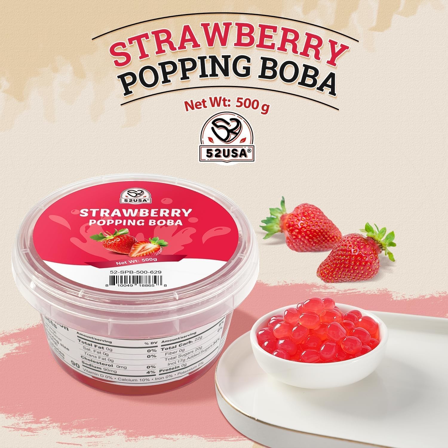 52USA Strawberry Popping Boba 500g, Popping Pearls for Bubble Tea, Beverages,…