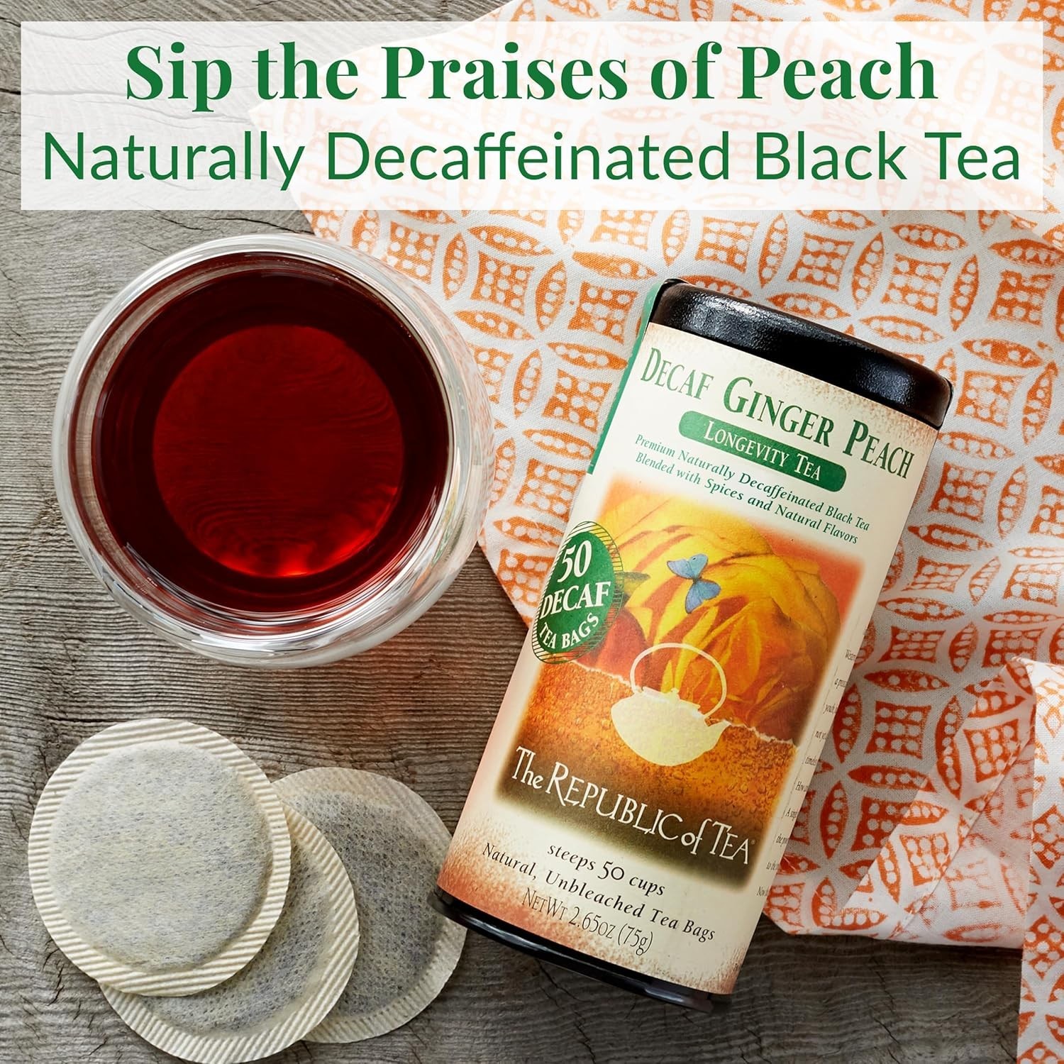 50 Elegant Teabags of Decaf Ginger Peach Black Tea – Allergen-Free Indulgence
