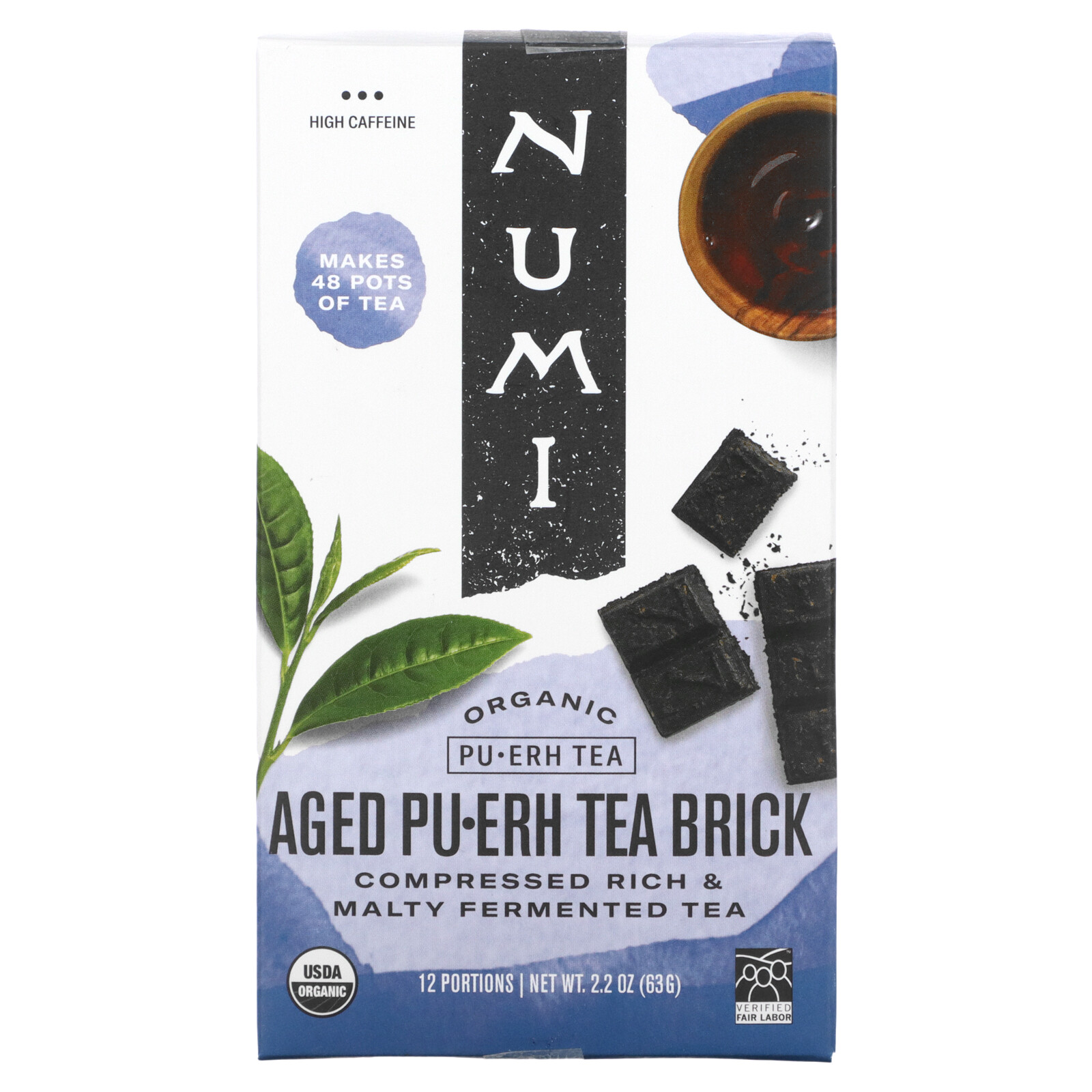 Numi Tea Organic Tea Pu-erh Tea Aged Pu-erh Tea Brick 2 2 oz 63 g B Corp, Halal,
