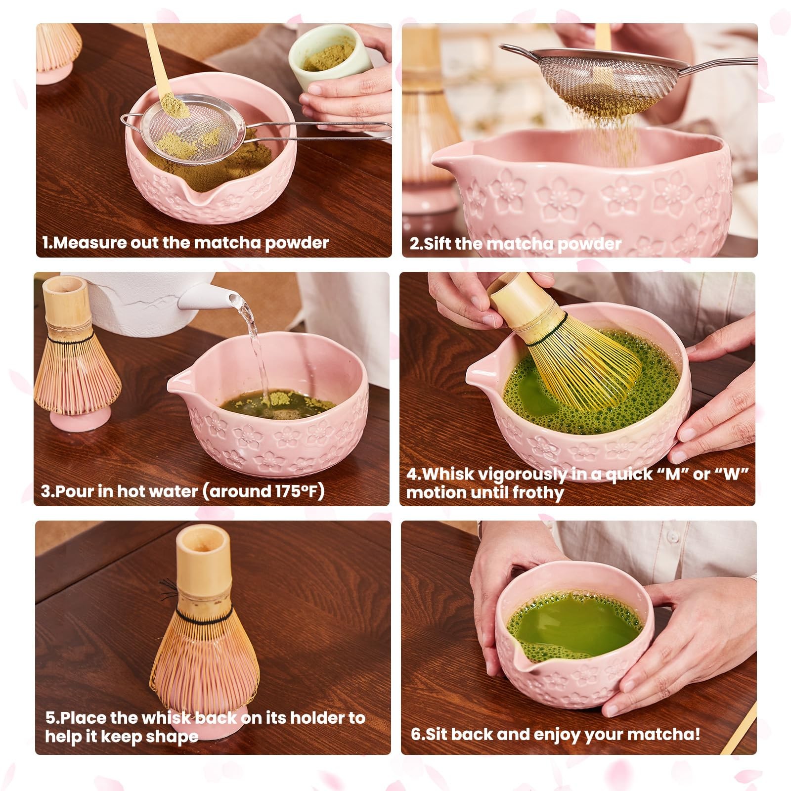 Matcha Whisk Set 6 Pcs Sakura White Ceramic Bowl, Whisk, Sifter, Scoop