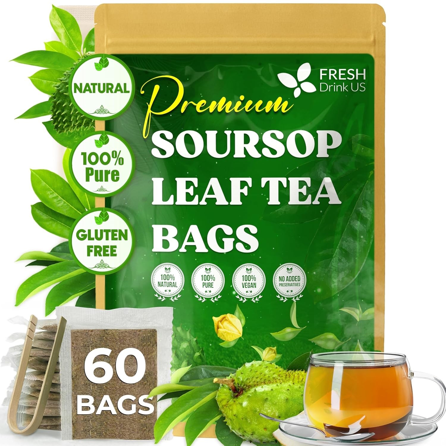 60 Count All-Natural Soursop Leaf Tea Bags – Perfect for Digestive Support