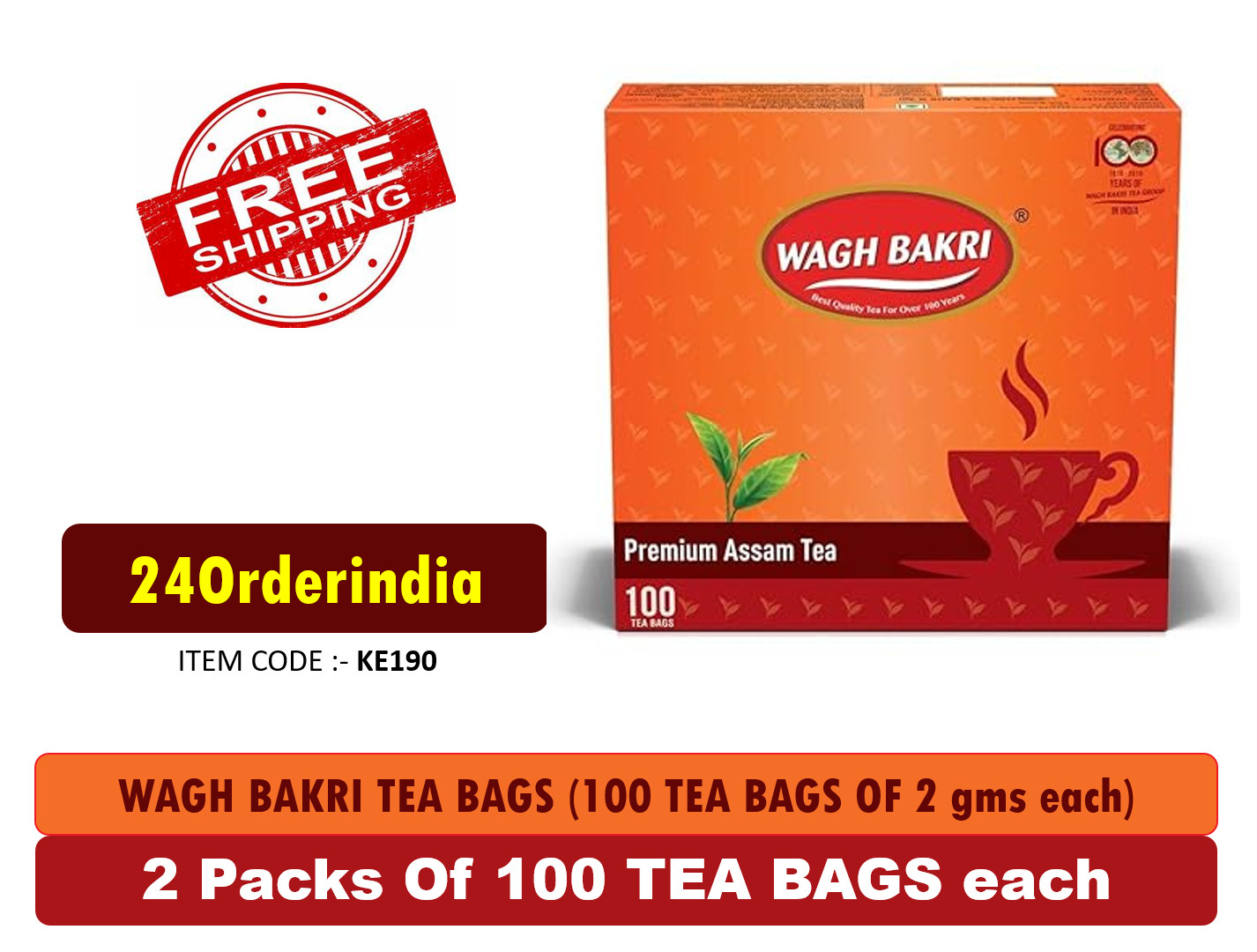 WAGH BAKRI PREMIUM ASSAM 100 TEA BAGS of 2 gms each (Pack of 2) free shipping