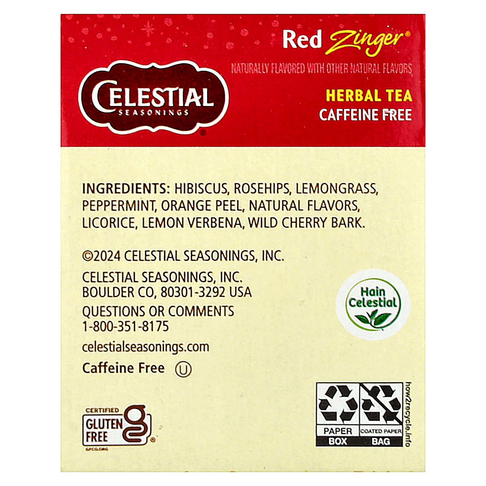 Herbal Tea, Red Zinger®, Caffeine Free, 20 Tea Bags, 1.7 oz (49 g)