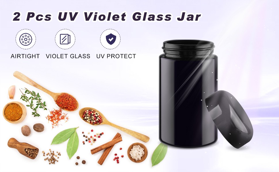 2 Pack Black Ultraviolet Glass Jar Empty Airtight Storage Jar UV Protection
