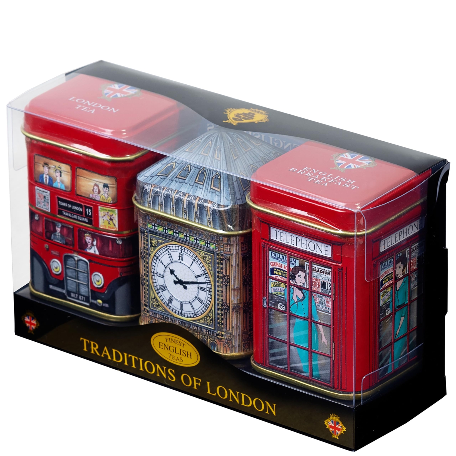 London Icons 3x Mini Tea Tins with Fine English Loose Tea Big Ben Red London …