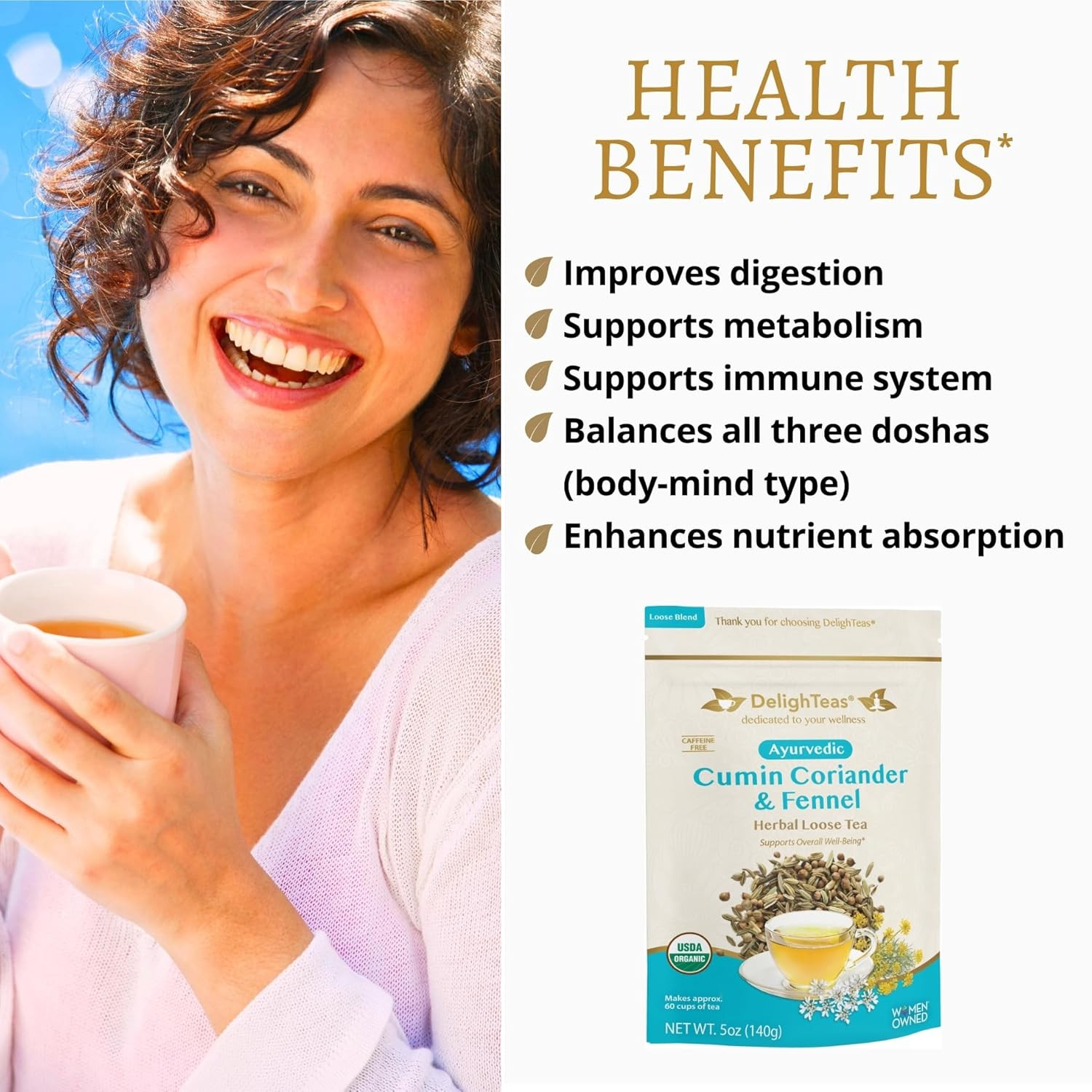 Delighteas Organic Digest & Detox CCF Tea | Ayurvedic Cumin, Coriander, Fennel L