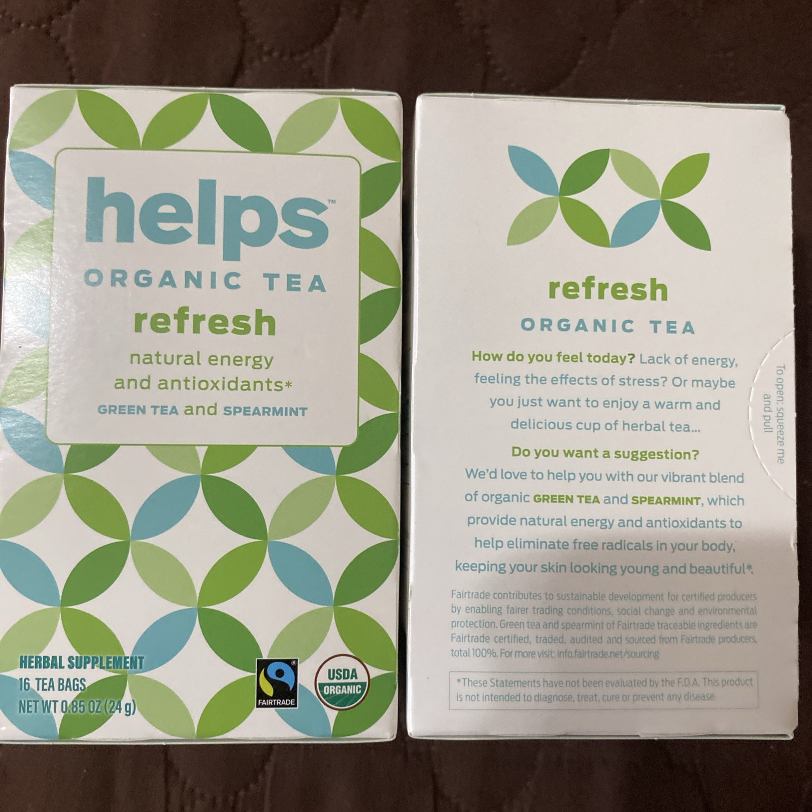 2 Boxes Helps Refresh Organic Green Tea W/Spearmint Herbal 16 Tea Bags Each
