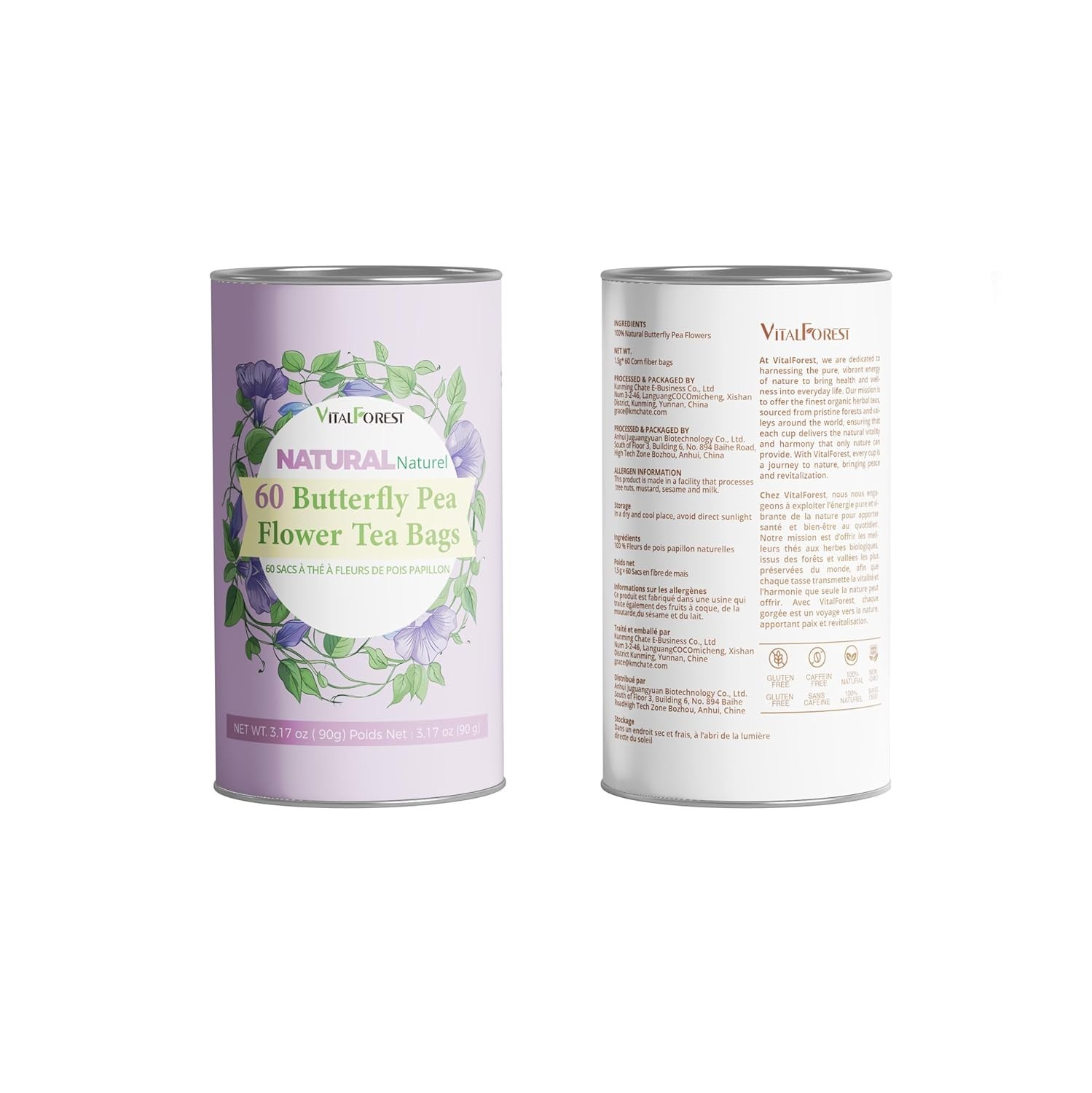 60 Dried Butterfly Pea Flower Tea Bags, VitalForest Butterfly Blue Pea Flower Te