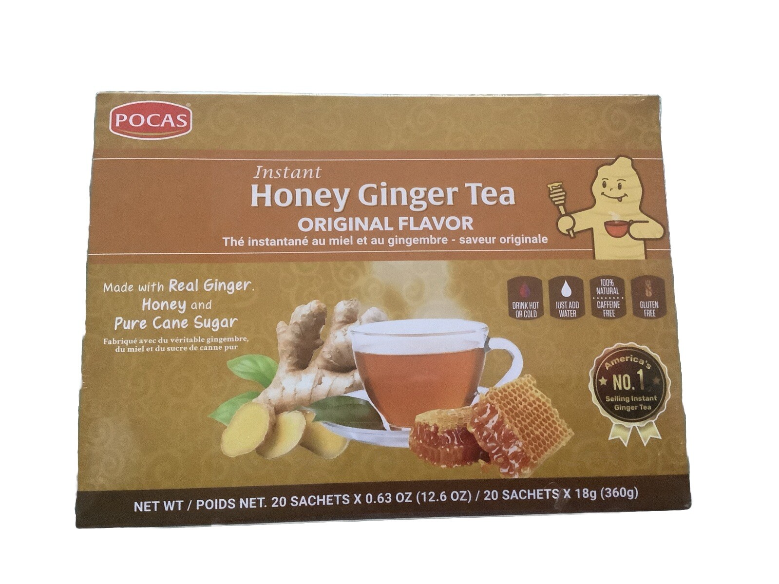 Pocas Ginger Tea With Honey Instant 12.6oz (20 bag) with Real Ginger NIP
