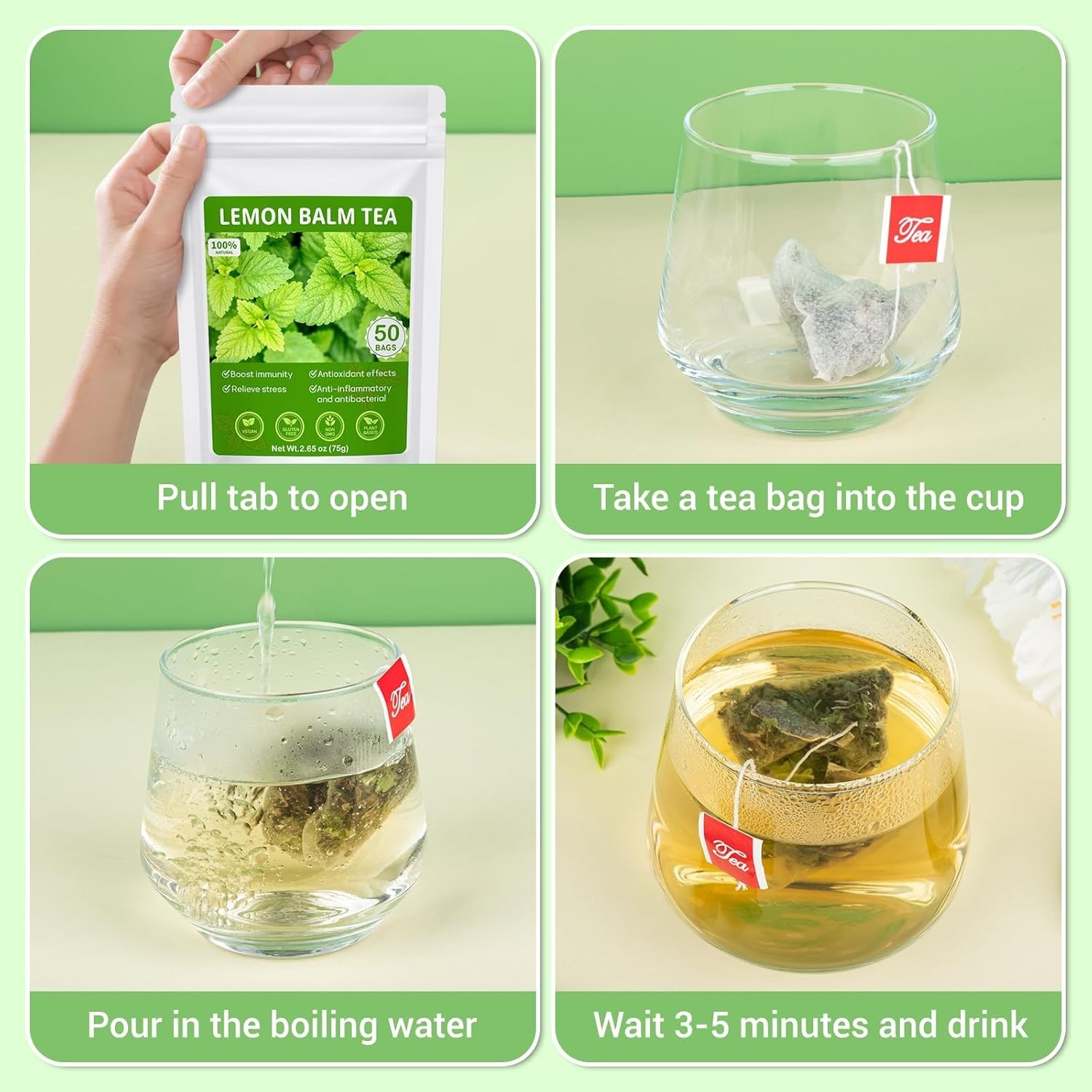 Lemon Balm Tea, 100% Pure & Natural Lemon Balm Leaves Herbal Tea Bags, Promotes
