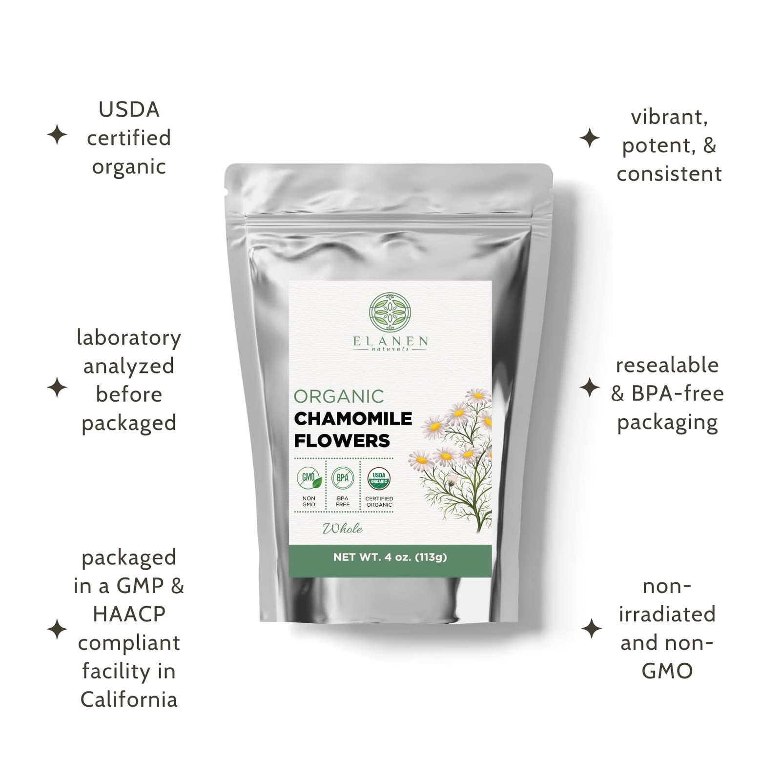 Organic Chamomile Flowers 4 oz. (113g), USDA Certified Organic Camomile Manza…