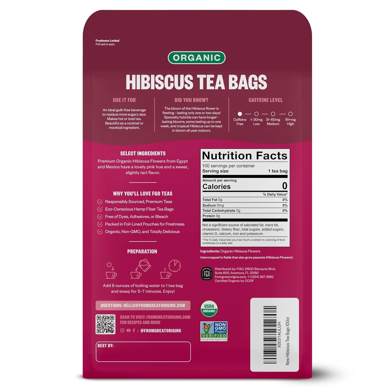 USDA Organic Hibiscus Tea – 100 Count, Eco-Friendly Bags