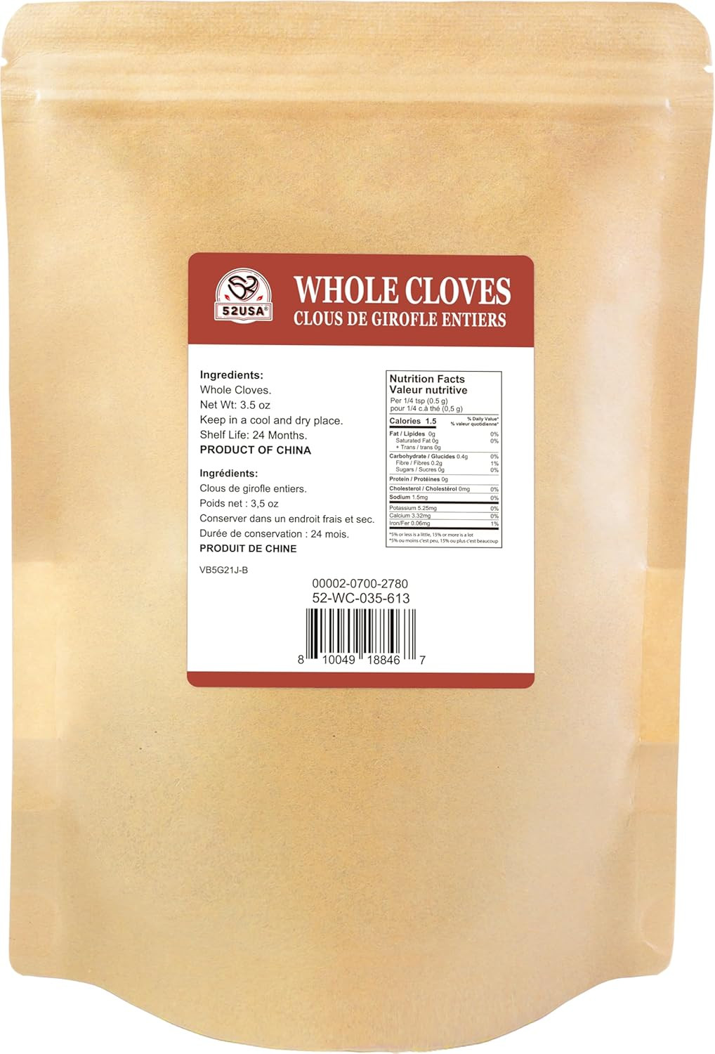 52USA Cloves Whole 3.5 Oz (Pack of 1), Great for Food, Tea, Baking and Meats, Al