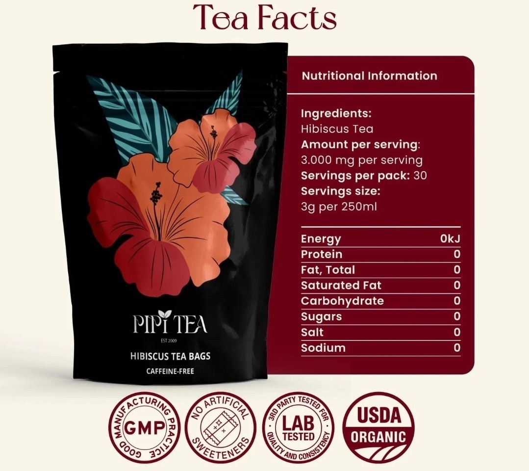 PiPi Tea Organic Hibiscus Tea Bags Caffeine Free Herbal Tea Rich in Antioxi