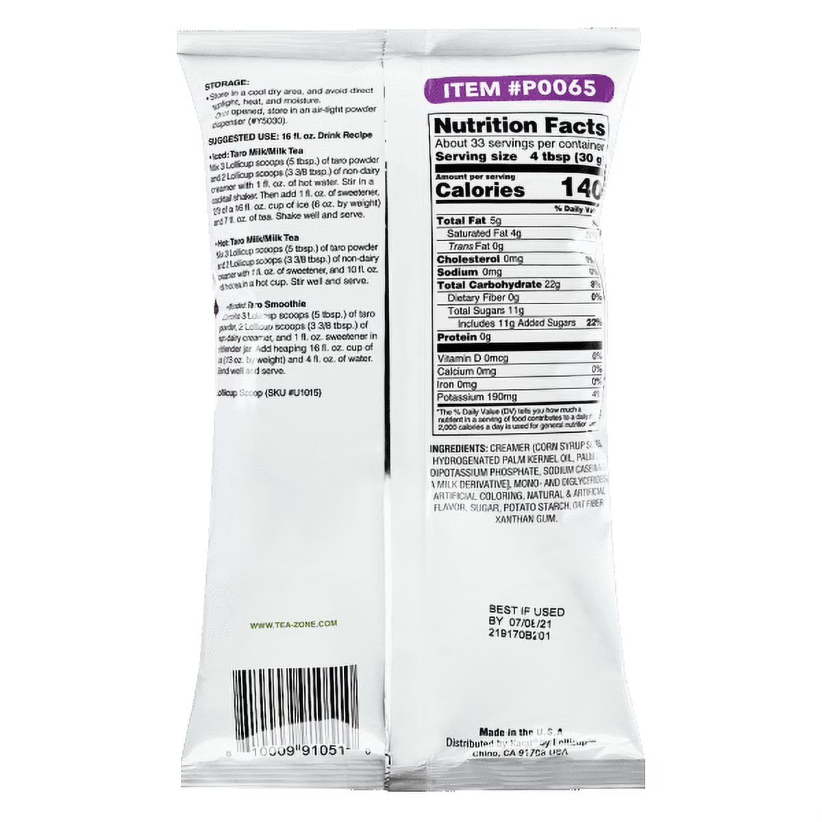 TEA ZONE Powder Mix Premium TARO 2.2 LB- 1 PACK, Best by Date: 06/03/2027