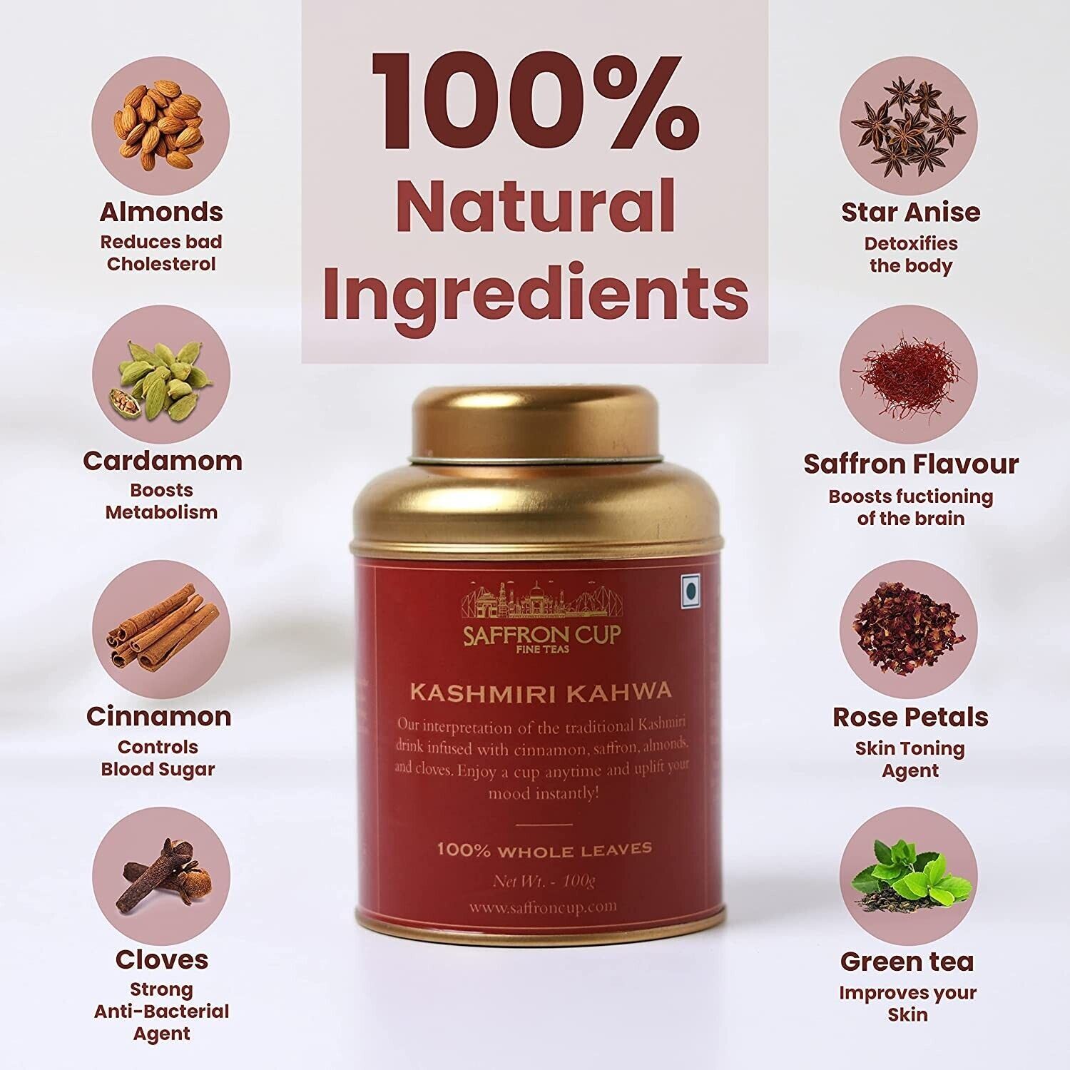 Saffron Cup | Kashmiri Kahwa | Green Tea 100 Gm ( 50 Cups) | Detox, Weight Loss