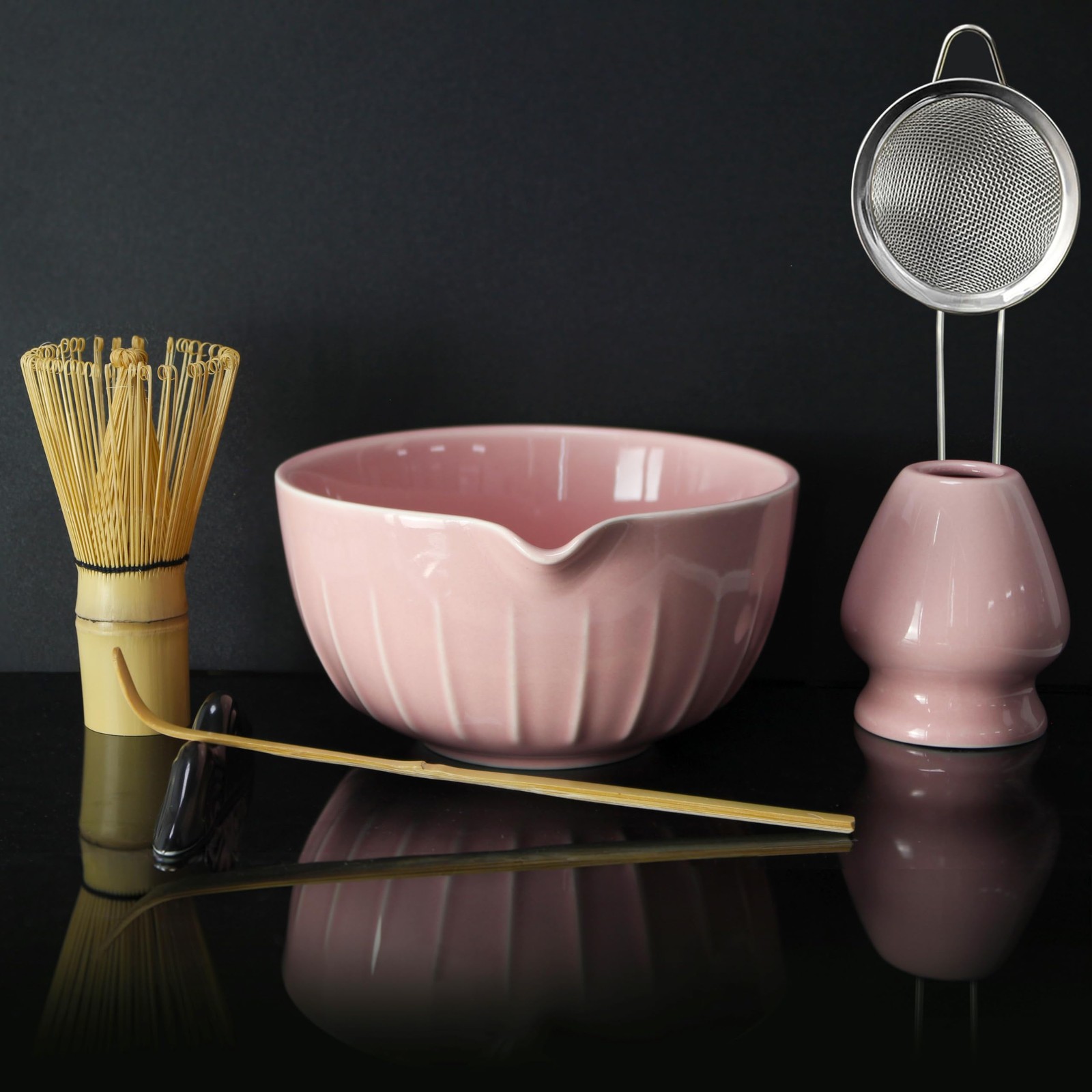 Matcha Tea Set 7 Piece Bamboo Whisk Bowl Ceremony Kit Japanese Pink Gift