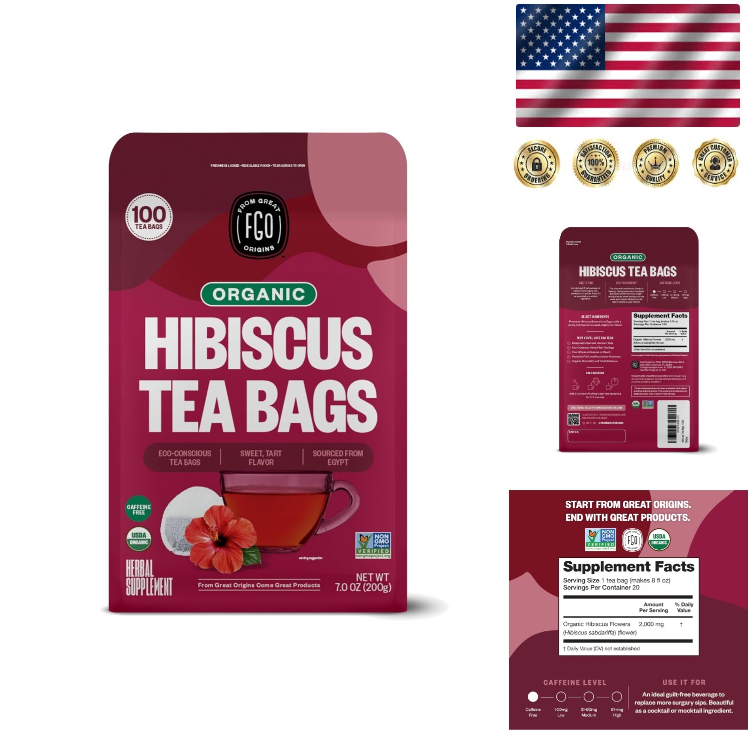 Eco-Friendly 100 Count Organic Hibiscus Tea Bags – Refreshing & Organic
