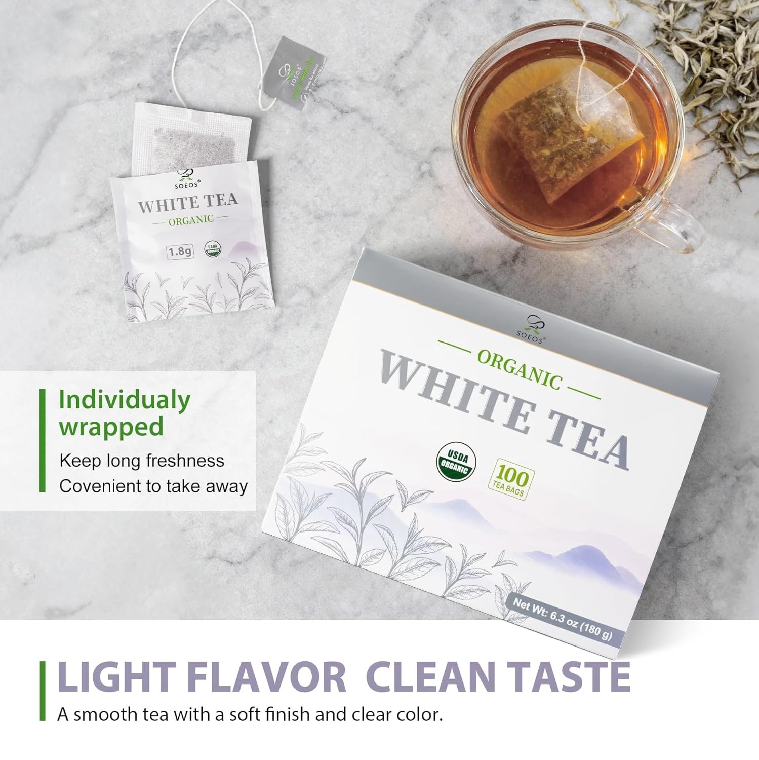 Elegant Organic White Tea – 100 Individually Wrapped Teabags, Low Caffeine
