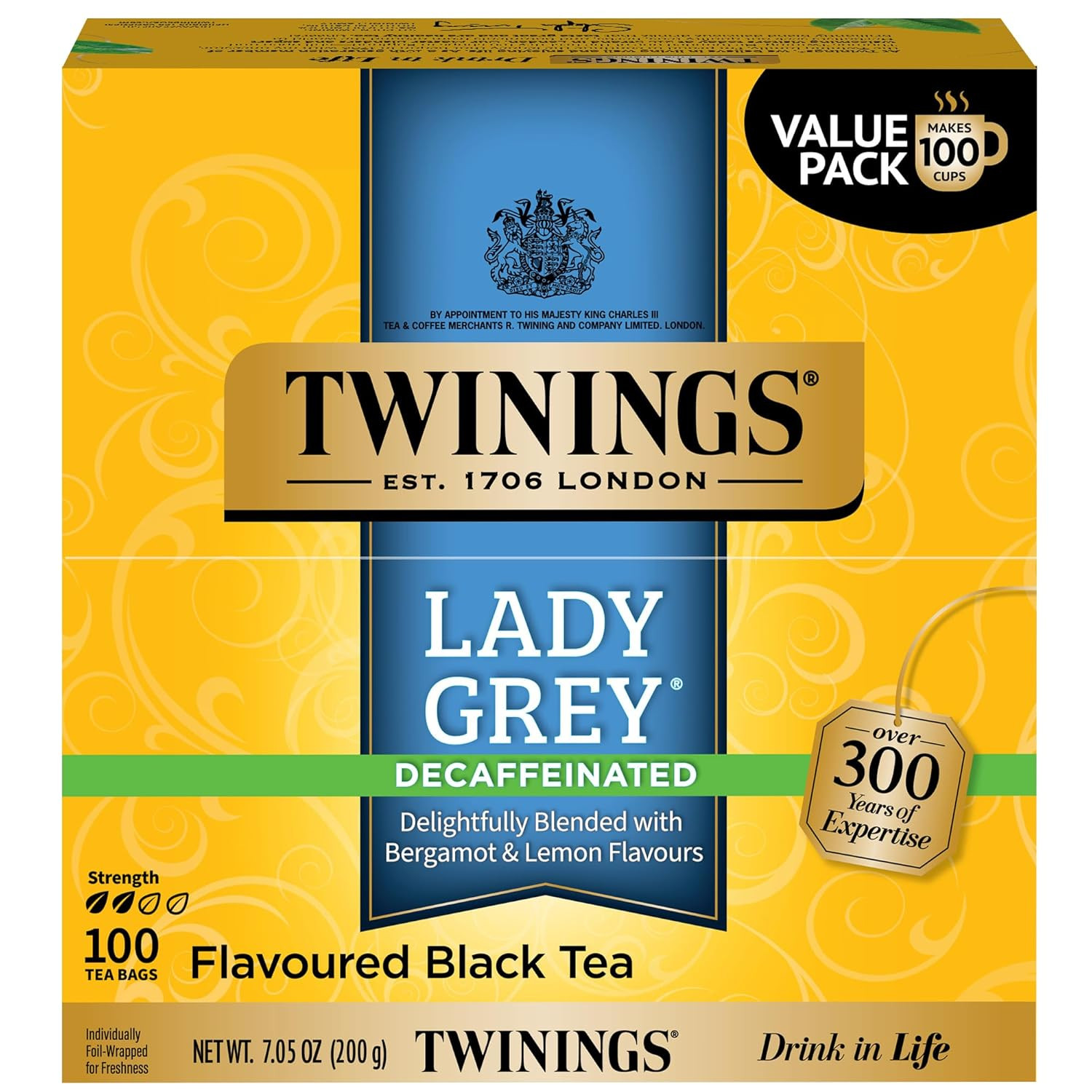 Lady Grey Black Tea Individually Wrapped Bags, 100 Count (Pack of 1), Orange Pee