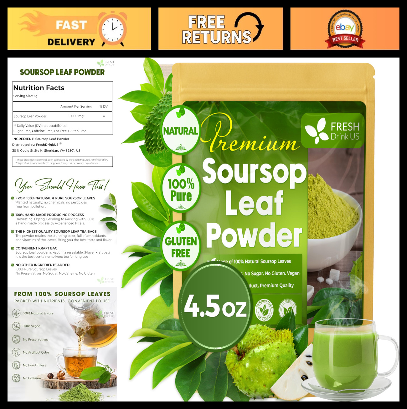 100% Pure Soursop Leaf Powder 4.5oz – Natural Graviola for Tea, Baking, Vegan, N