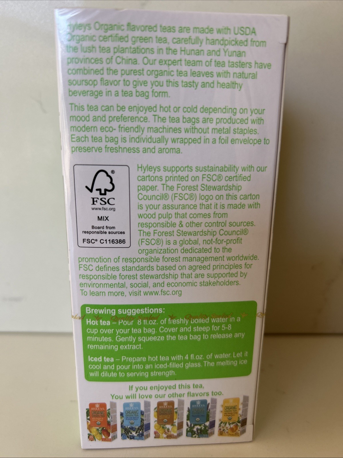 Hyleys Organic Green Tea Soursop Flavor, 25 Tea Bags – Guanabana Flavor
