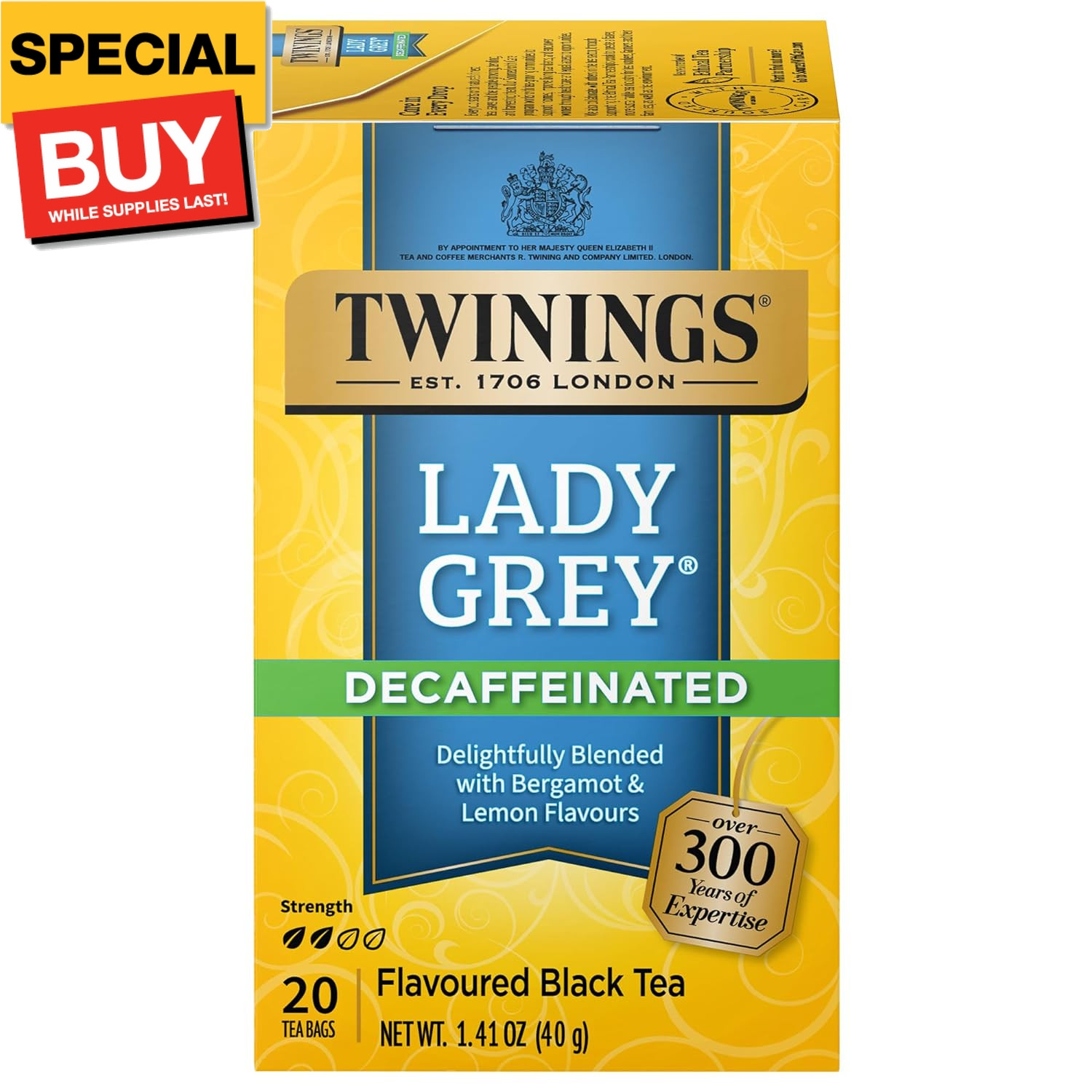Decaffeinated Lady Grey Black Tea Individually Wrapped Bags, 20 Count (Pack of 1