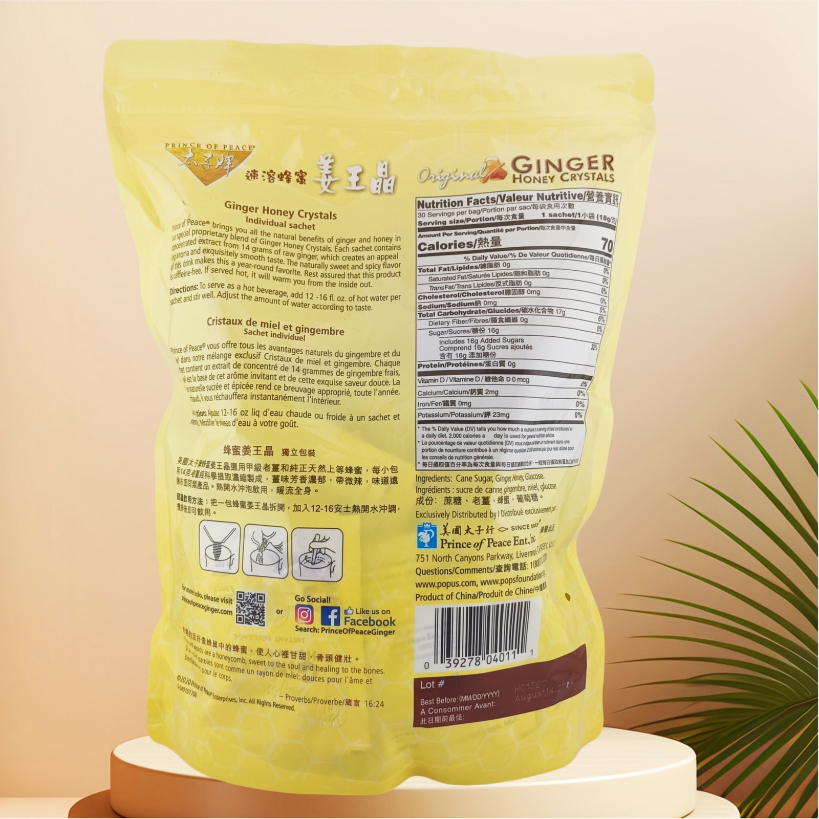Original Ginger Tea Instant Ginger Honey Crystals, 30 Sachets -Prince of Peace