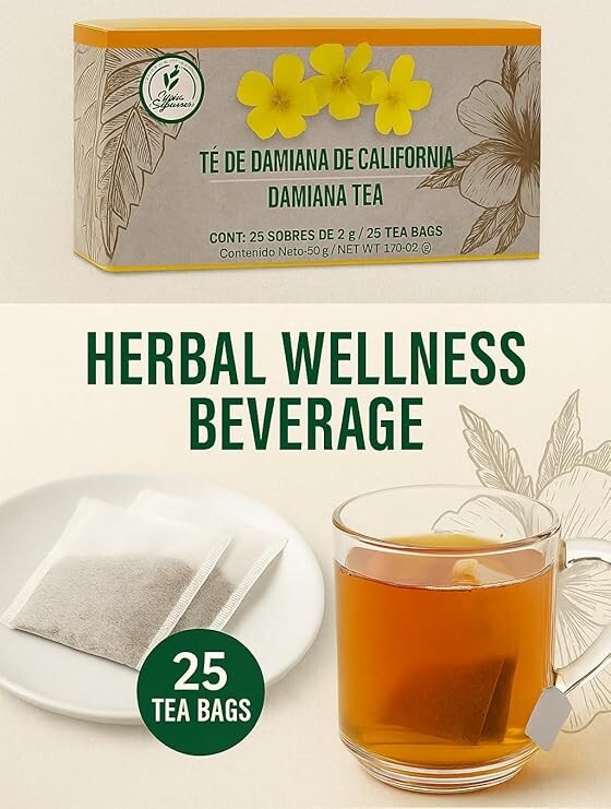 Damiana Herbal Tea – 100% Turnera diffusa – 25 Tea Bags – Natural Caffeine-Free